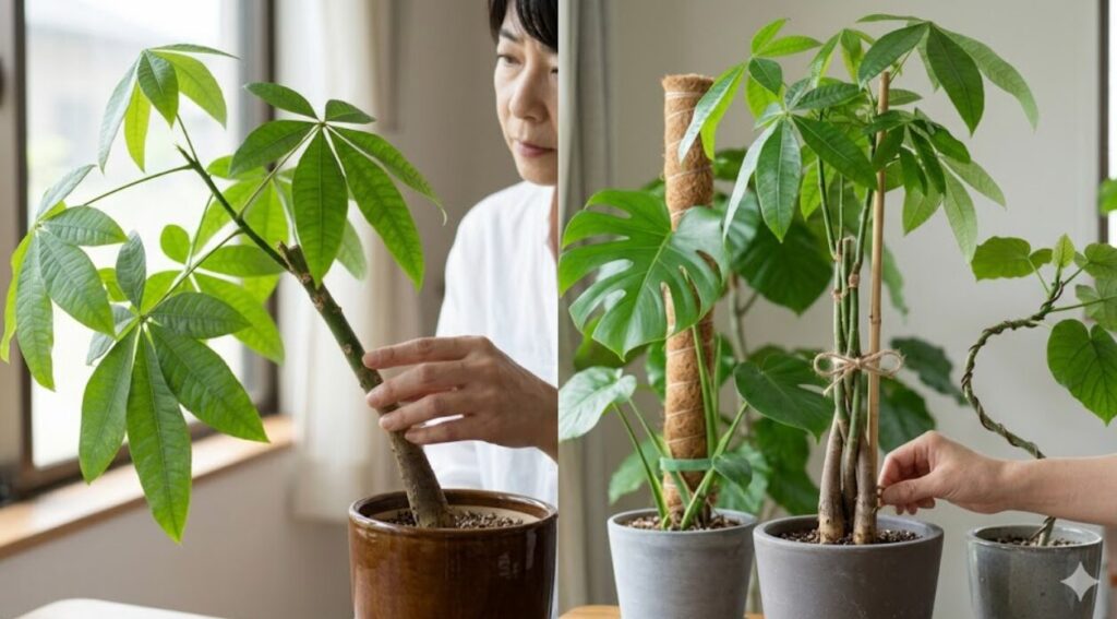 観葉植物（パキラ）が傾いている「Before」と、支柱、麻紐の8の字結び、ワイヤー掛けで美しく垂直に矯正・仕立てられた「After」を視覚化し、日本人女性が確認するアイキャッチ画像。 これで、記事の文脈を深く理解し、E-E-A-Tを最大限に向上させるための、詳細な挿入画像6枚とアイキャッチ画像1枚（合計7枚）の生成と出力が完了しました。