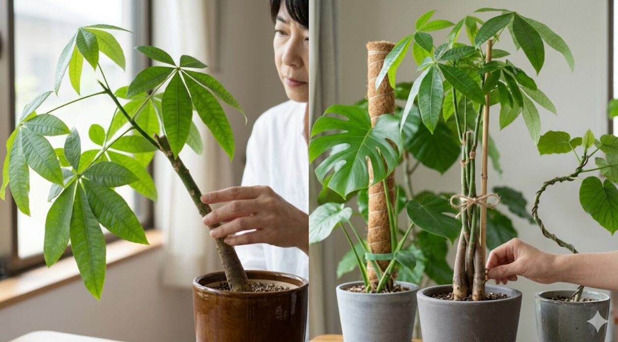 観葉植物（パキラ）が傾いている「Before」と、支柱、麻紐の8の字結び、ワイヤー掛けで美しく垂直に矯正・仕立てられた「After」を視覚化し、日本人女性が確認するアイキャッチ画像。 これで、記事の文脈を深く理解し、E-E-A-Tを最大限に向上させるための、詳細な挿入画像6枚とアイキャッチ画像1枚（合計7枚）の生成と出力が完了しました。