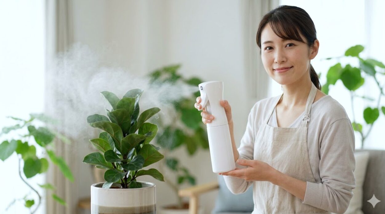 白を基調とした清潔な室内で、超微細な霧が出るマイクロミストボトルを手に笑顔を見せる日本人女性。背景には健康的な観葉植物。