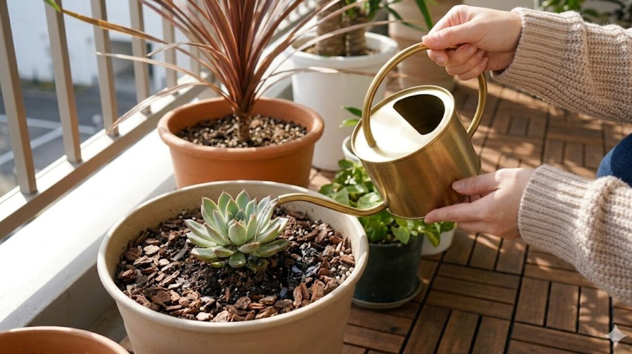 冬の晴れた日の午前中、乾燥した観葉植物の土に、汲みたてではなくぬるま湯（約15℃〜20℃）を優しく注ぐ日本人の女性の手元。根を冷やさないための工夫。