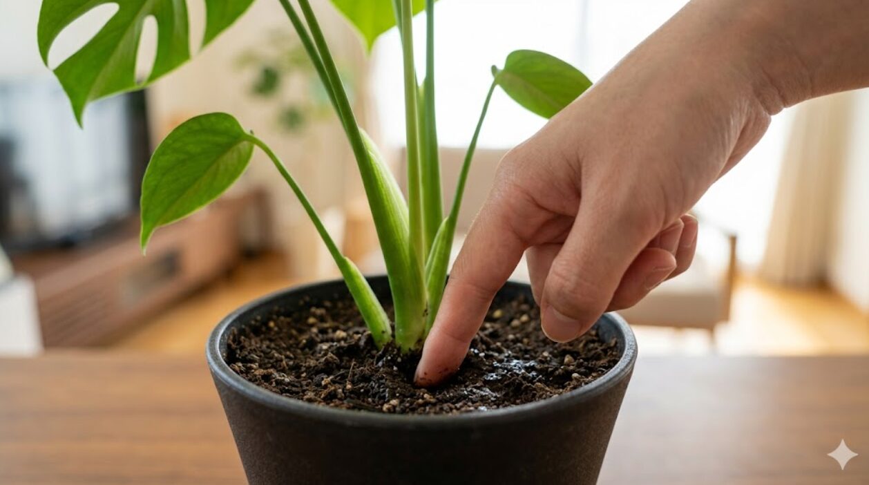 観葉植物の鉢植えの土に指を2〜3cm挿し込み、内部の湿り気を確認して水やりのタイミングを判断する方法。