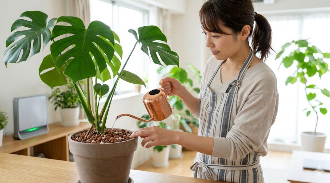 エプロンを着た日本人女性が、明るい室内で観葉植物（モンステラ）の鉢植えに銅製の細口じょうろで丁寧に水をやっているクローズアップ写真。土の表面は清潔で乾燥しており、キノコバエの繁殖を防ぐために管理されている様子。