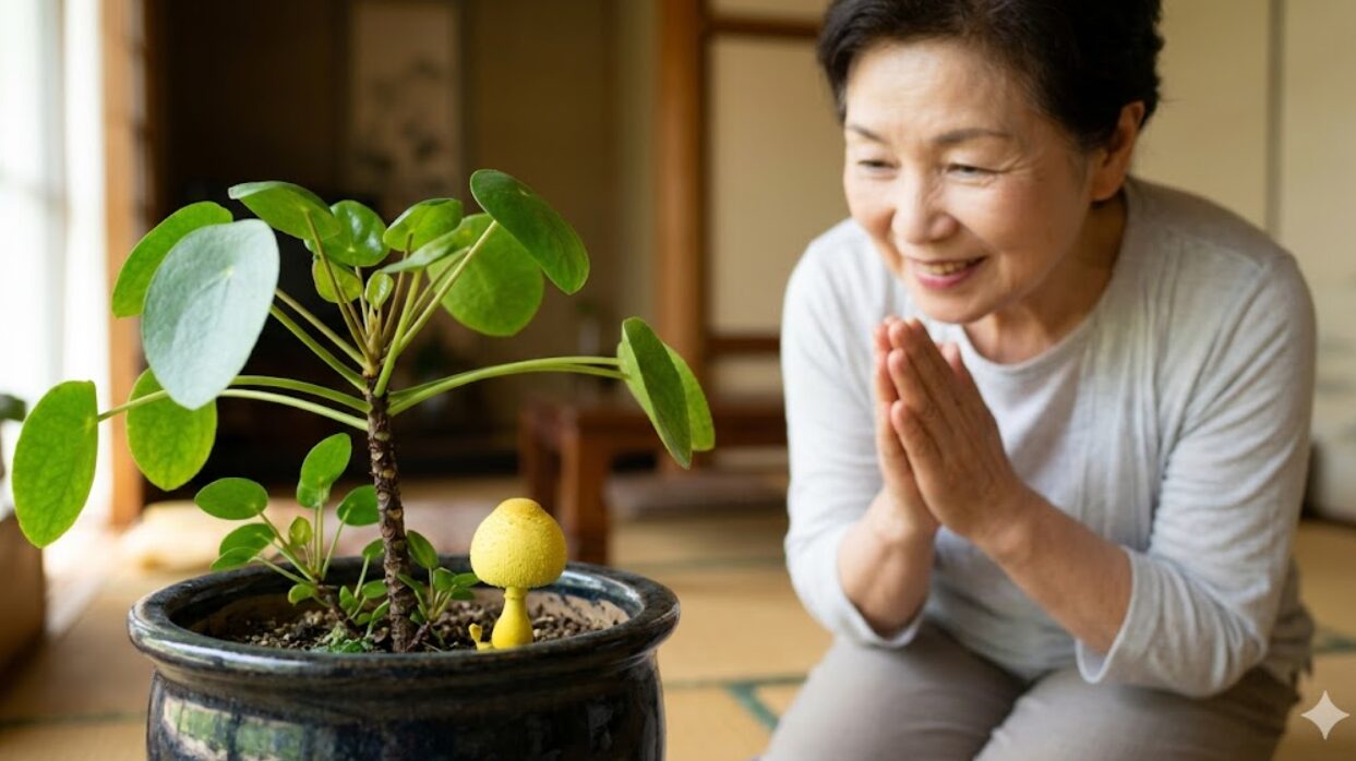 鉢植えの土から生えた、お釈迦様の頭部（螺髪）のような丸い形をした黄色いコガネキヌカラカサタケの幼菌