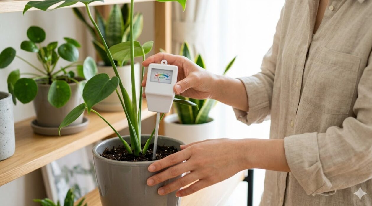 日本人の女性の手元。観葉植物の土に白いペン型の水分計（サスティー）を差し込んでいる。色の変化で水やりのタイミングがわかる便利な道具。