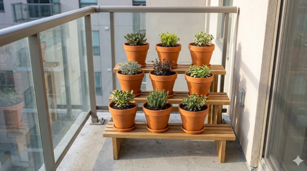 冬のベランダで、冷たい床からの冷気を避けるため、フラワースタンドに乗せて高さを確保した観葉植物の鉢植え。壁際に寄せて、建物の蓄熱を利用している。