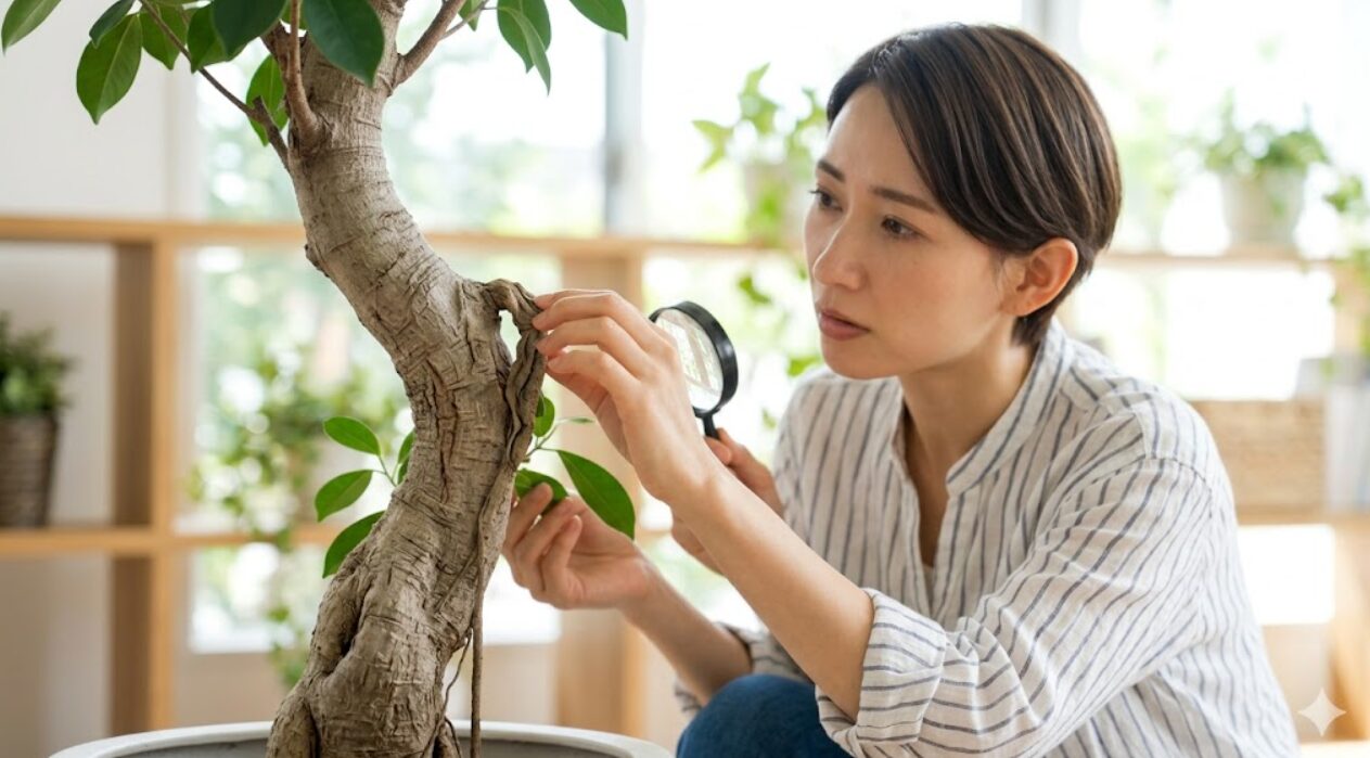 ガジュマルのしわしわになった幹の状態を真剣に観察する日本人の女性。原因特定の重要性を伝えるビジュアル。