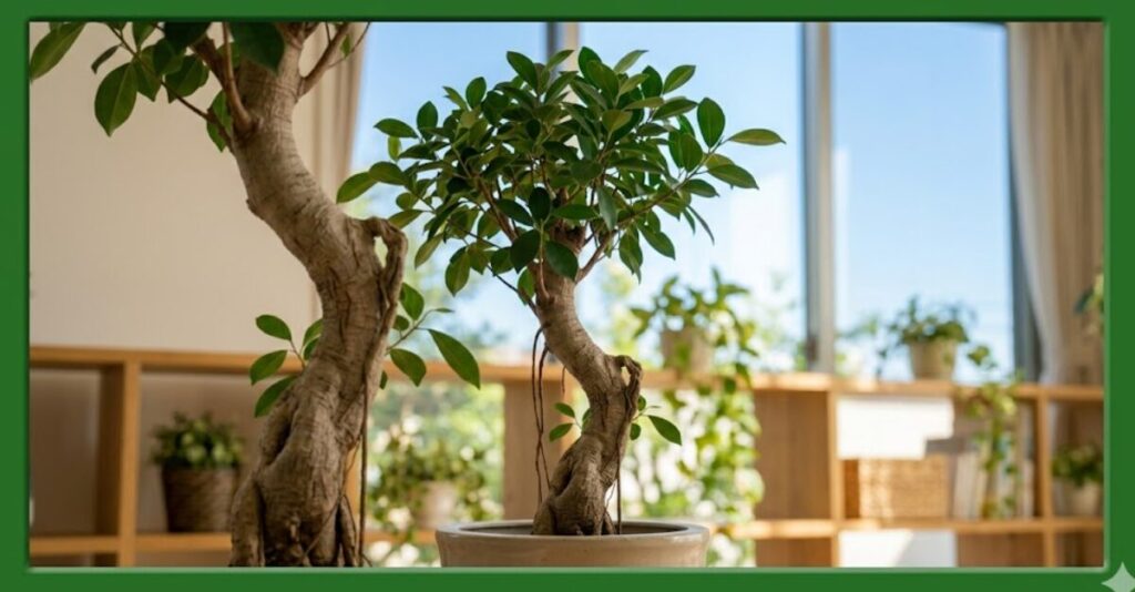 元気になったガジュマルの鉢植えを中心に配したアイキャッチ画像。無地の緑色の枠で囲まれ、復活のテーマを象徴。