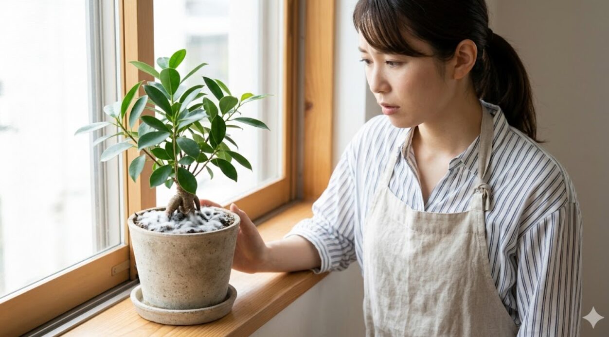 ガジュマルの鉢植えの土に発生した白カビを心配そうに見つめる日本人女性。