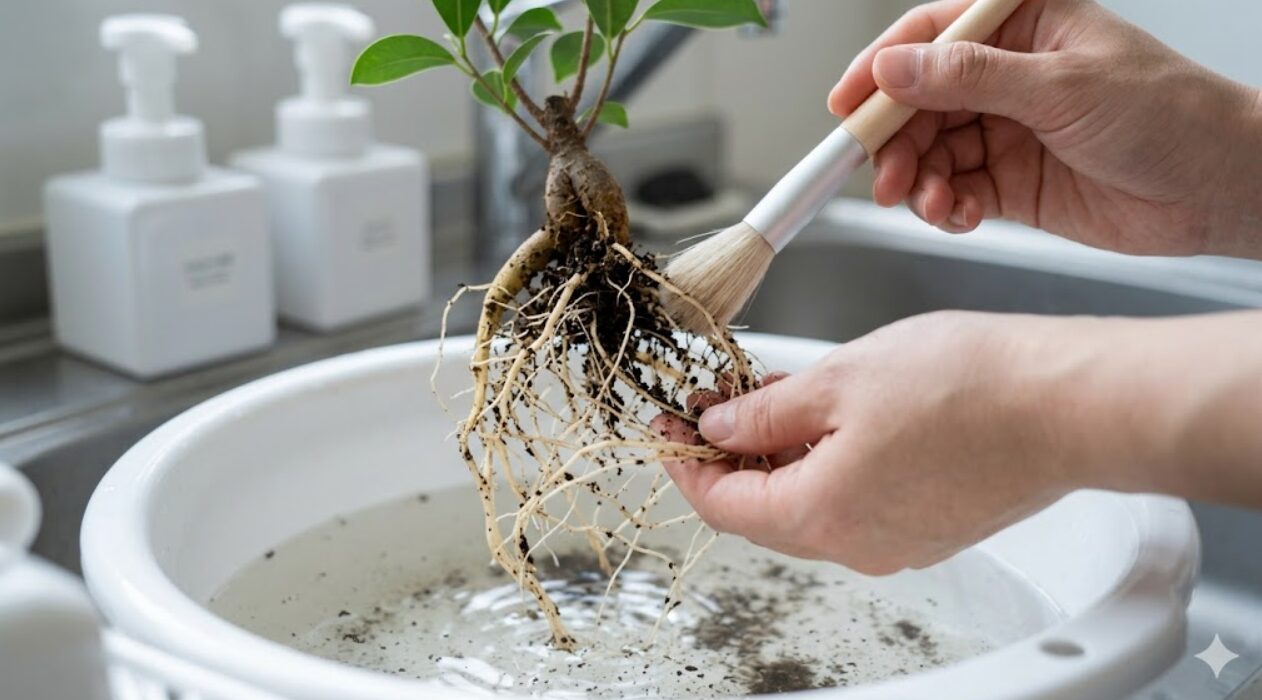 土から抜いた小さなガジュマルの株。アジア人の手が柔らかい筆を使い、水に浸けた複雑な根の隙間にある土を丁寧に洗い流している。