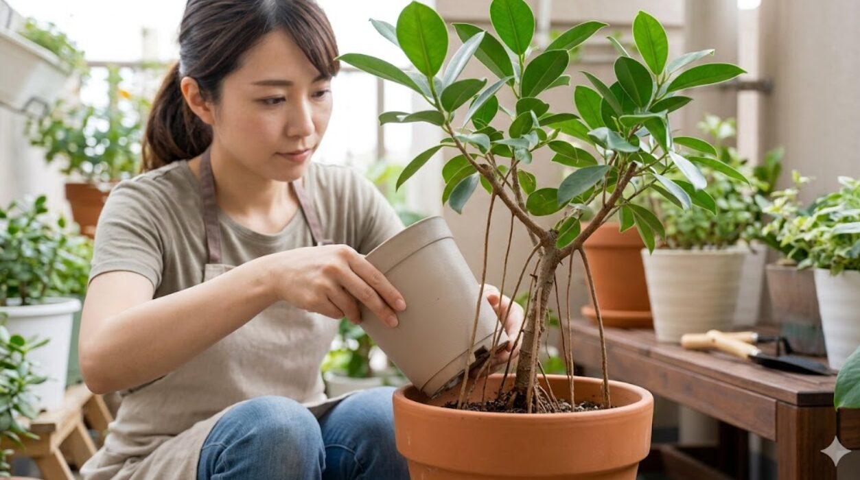 日本人の女性ガーデナーが、ガジュマルの挿し木苗の根元に、底を切り抜いたビニールポットを設置し、二段植え（ダブルポット法）を実践している。