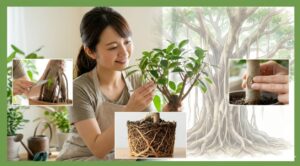 ガジュマルの生死を、女性がナイフで幹を少し削って内部の緑色を確認する「スクラッチテスト」と、男性が鉢から抜いて黒く腐敗した根を点検する「根の確認」の2つの方法で診断し、不屈の生命力と復活を象徴する