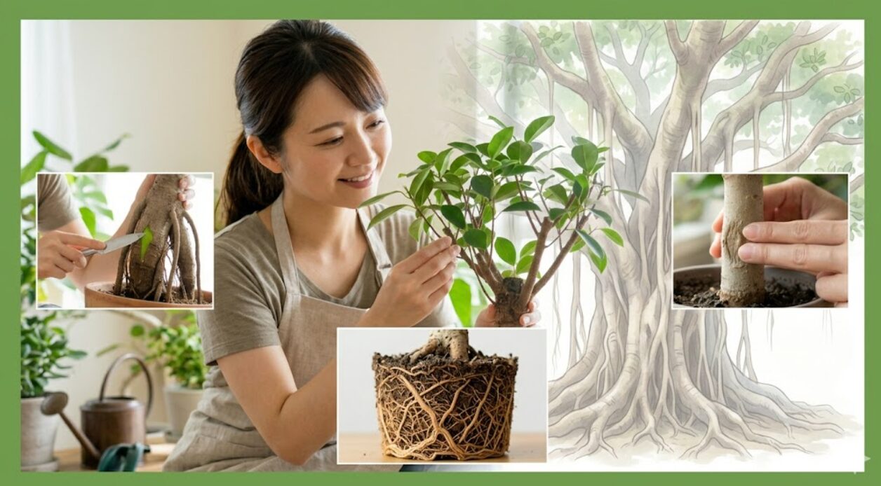 ガジュマルの生死を、女性がナイフで幹を少し削って内部の緑色を確認する「スクラッチテスト」と、男性が鉢から抜いて黒く腐敗した根を点検する「根の確認」の2つの方法で診断し、不屈の生命力と復活を象徴する