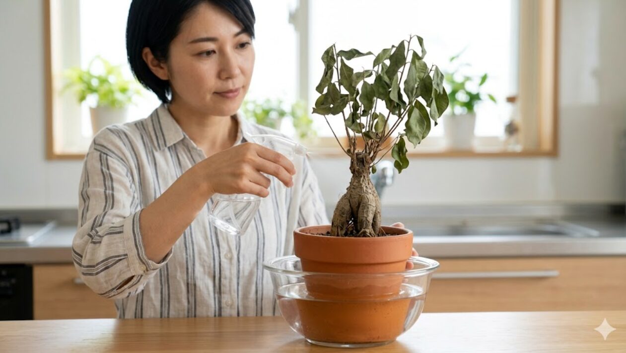 乾燥してしわが寄ったガジュマルに腰水と葉水で集中ケアを行う女性。復活のための具体的な水分補給手順。 画像5