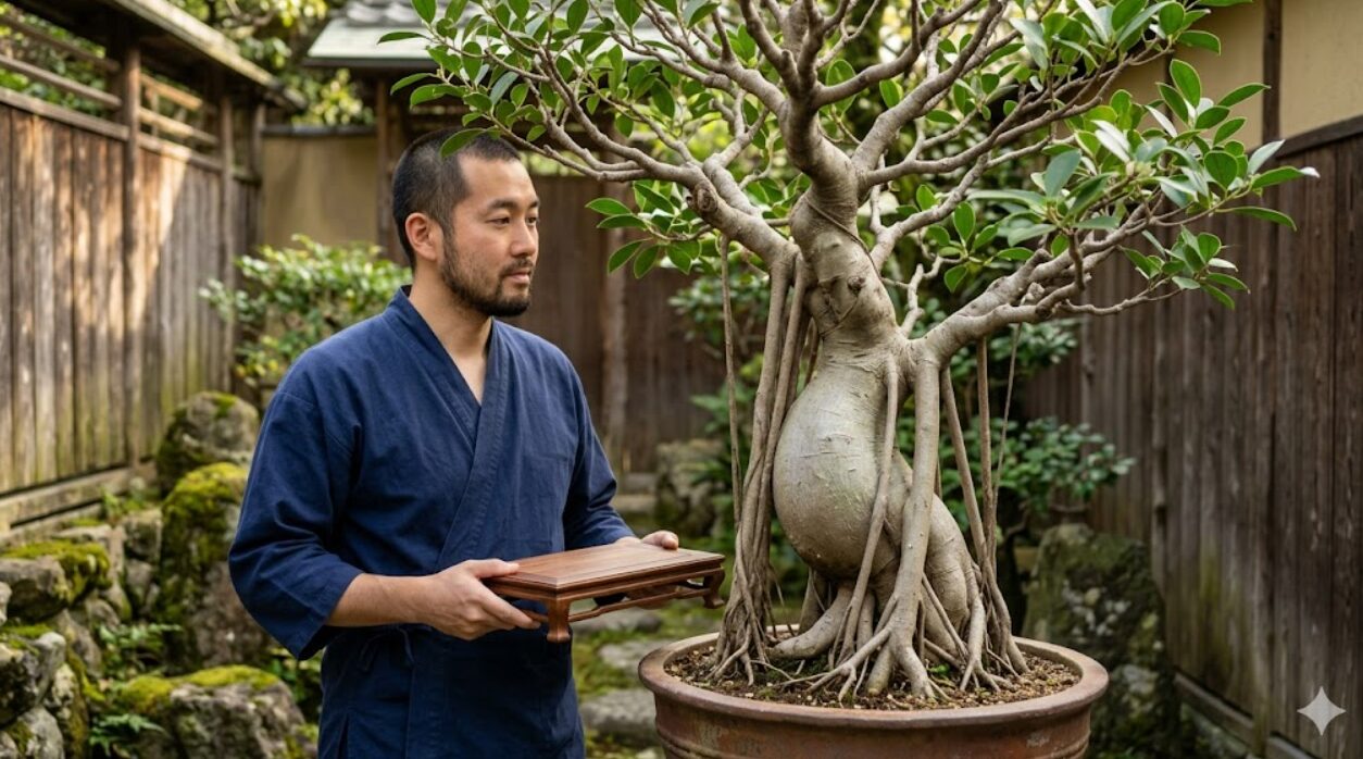 日本の庭園で、日本人男性が立派な実生ガジュマルの鉢植え（複数の太い気根が地面に達している）の横に立ち、その複雑な樹形と圧倒的な生命力の強さに感嘆している様子。実生ガジュマルの将来像。