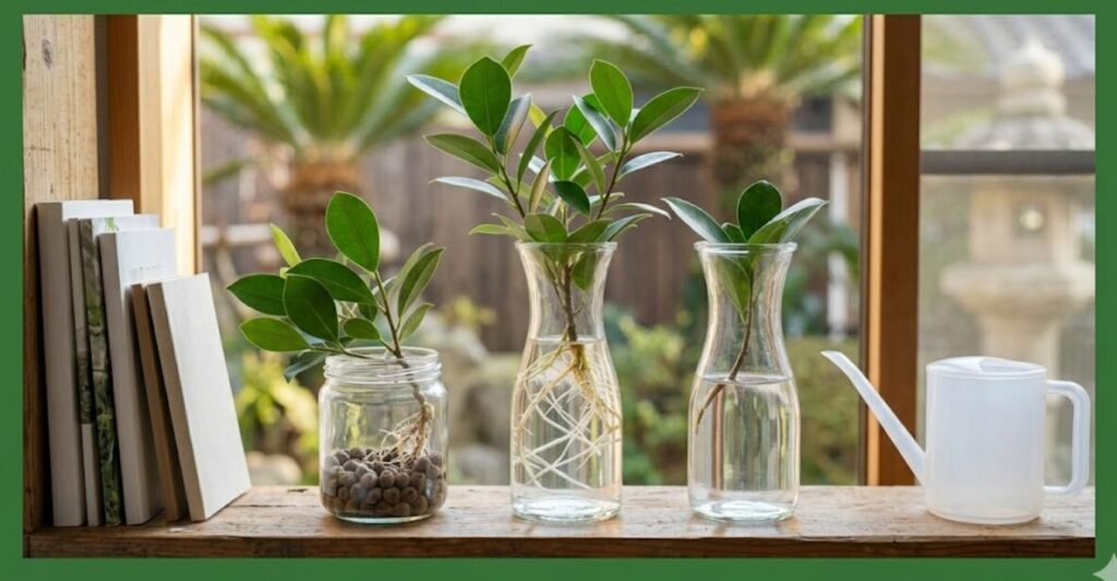 鮮やかなフォレストグリーンの無地の枠に囲まれた、明るい和室の窓辺で水栽培されているガジュマルのアイキャッチ画像。3つの瓶に異なる成長段階の根が映り、庭の緑も見えている。