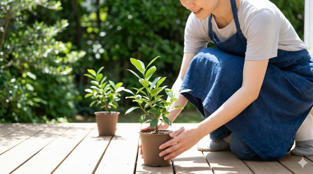 日本人の女性ガーデナーが、ガジュマルの挿し木苗を屋外の陽の当たる場所にゆっくりと慣らしながら移動させている。