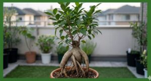 健康に育ったガジュマルの鉢植えの画像。特徴的な太い根と生命力のある緑の葉が、シンプルで落ち着いたデザインで表現されています。