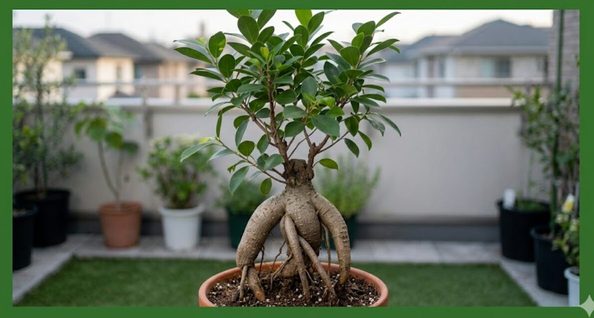 健康に育ったガジュマルの鉢植えの画像。特徴的な太い根と生命力のある緑の葉が、シンプルで落ち着いたデザインで表現されています。