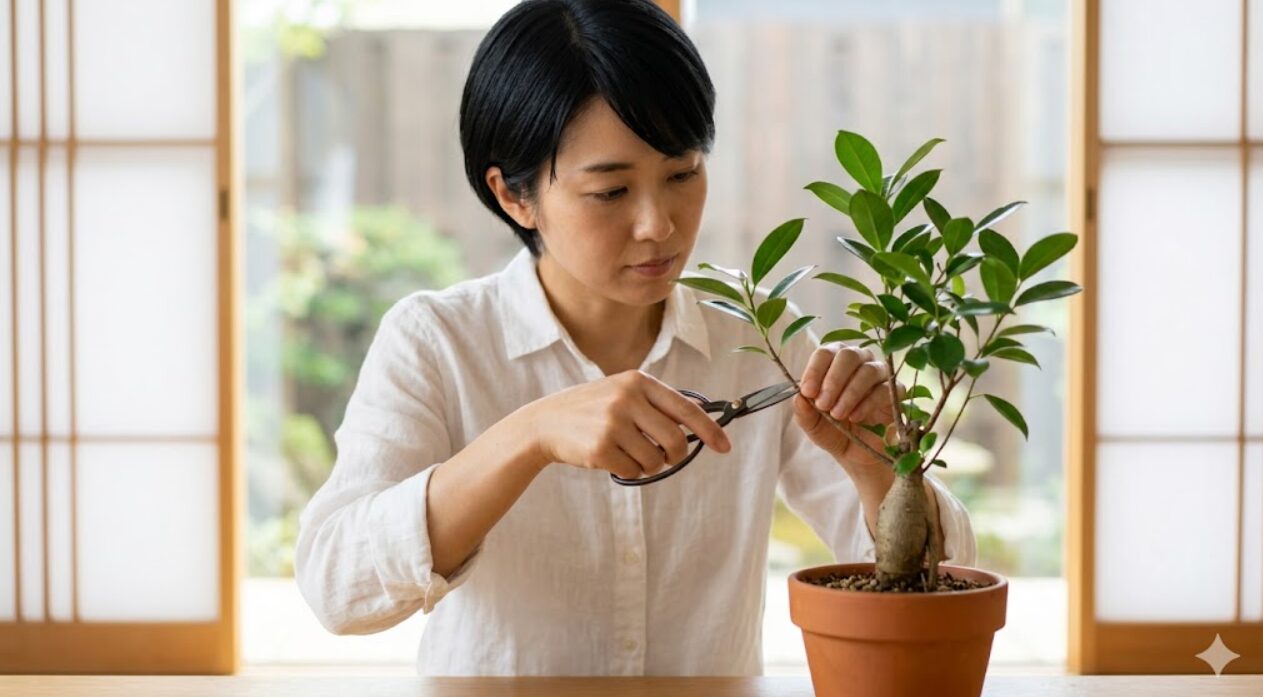 明るいモダンな和室で、日本人女性が、鉢植えの実生ガジュマルの枝の新芽が出る「成長点（小さなポチッとした膨らみ）」のすぐ上を剪定鋏で丁寧にカットしている様子。実生ガジュマルの剪定方法。