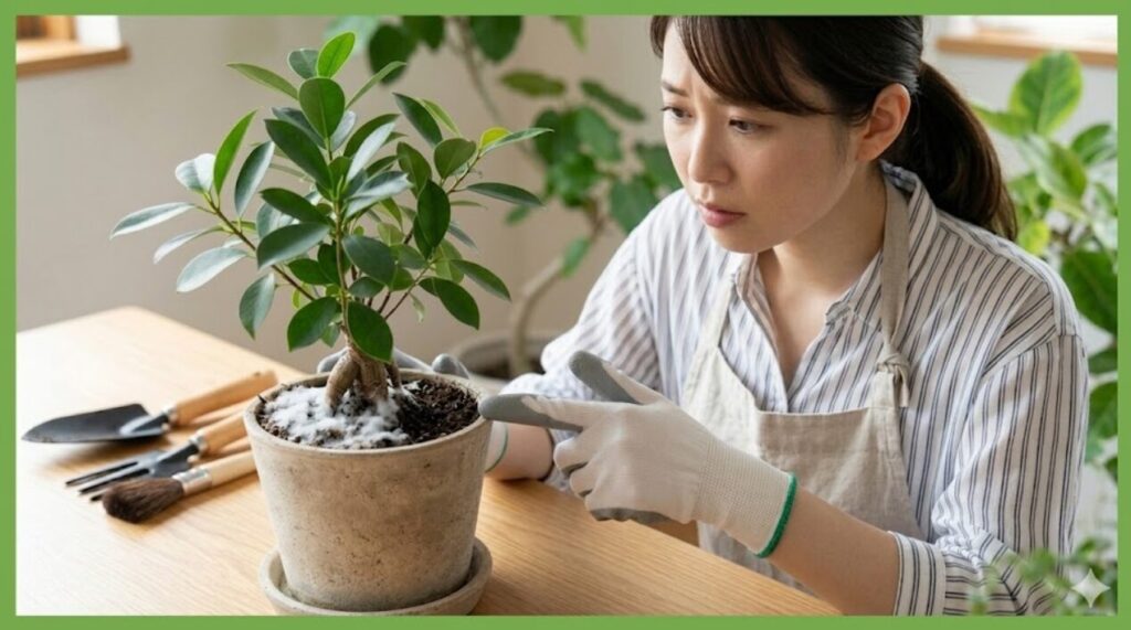 心配そうな表情と、カビと清潔な土のコントラストは、読者の関心を喚起し、役立つ情報が満載であることを示唆します。