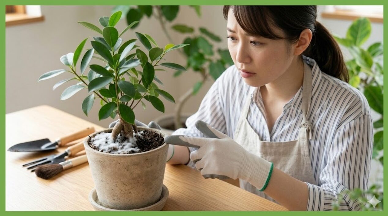 心配そうな表情と、カビと清潔な土のコントラストは、読者の関心を喚起し、役立つ情報が満載であることを示唆します。