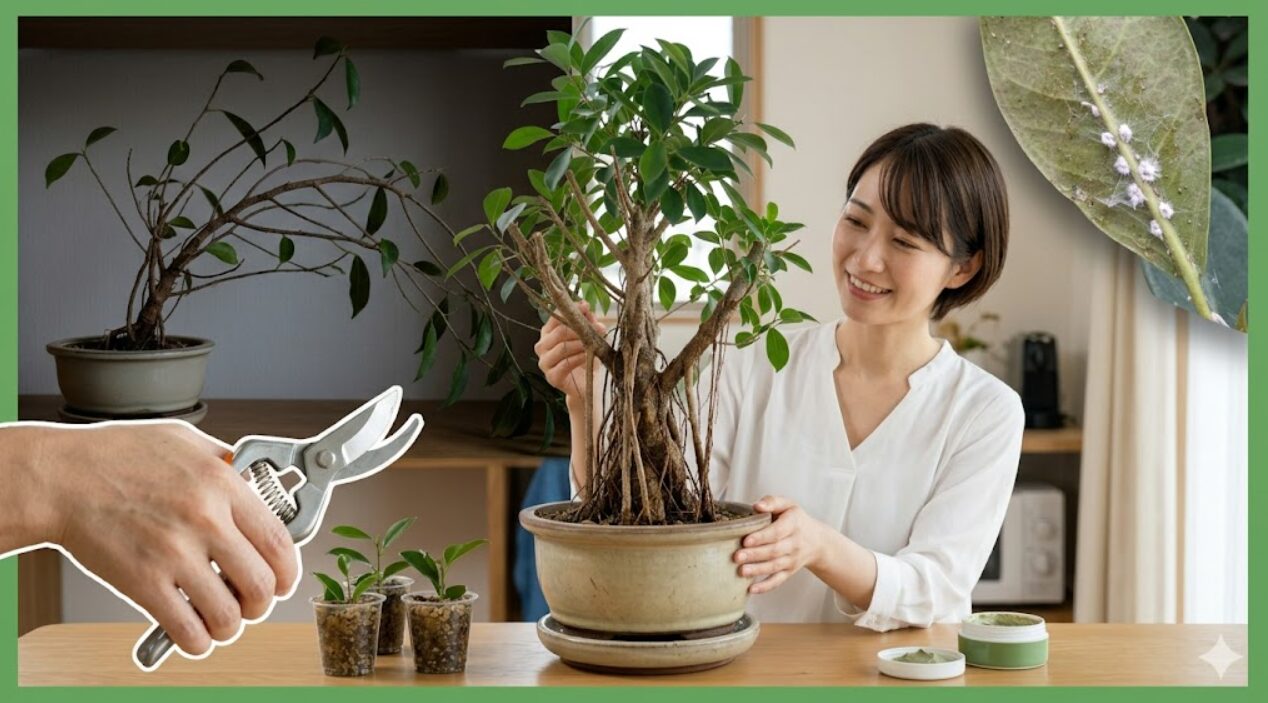 ガジュマルの正しい剪定方法と、放置することによる害虫リスク、挿し木での増やし方、癒合剤での保護、樹液対策など、記事の主要テーマを1枚に凝縮したアイキャッチ画像。