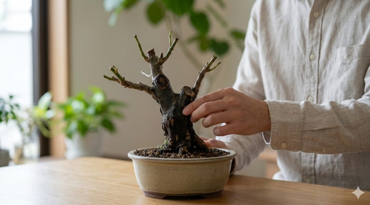 丸坊主剪定直後のガジュマルの鉢植え。太い幹と枝だけが残り、葉は一枚もない状態。日本人男性の手が、剪定跡の近くを観察している。
