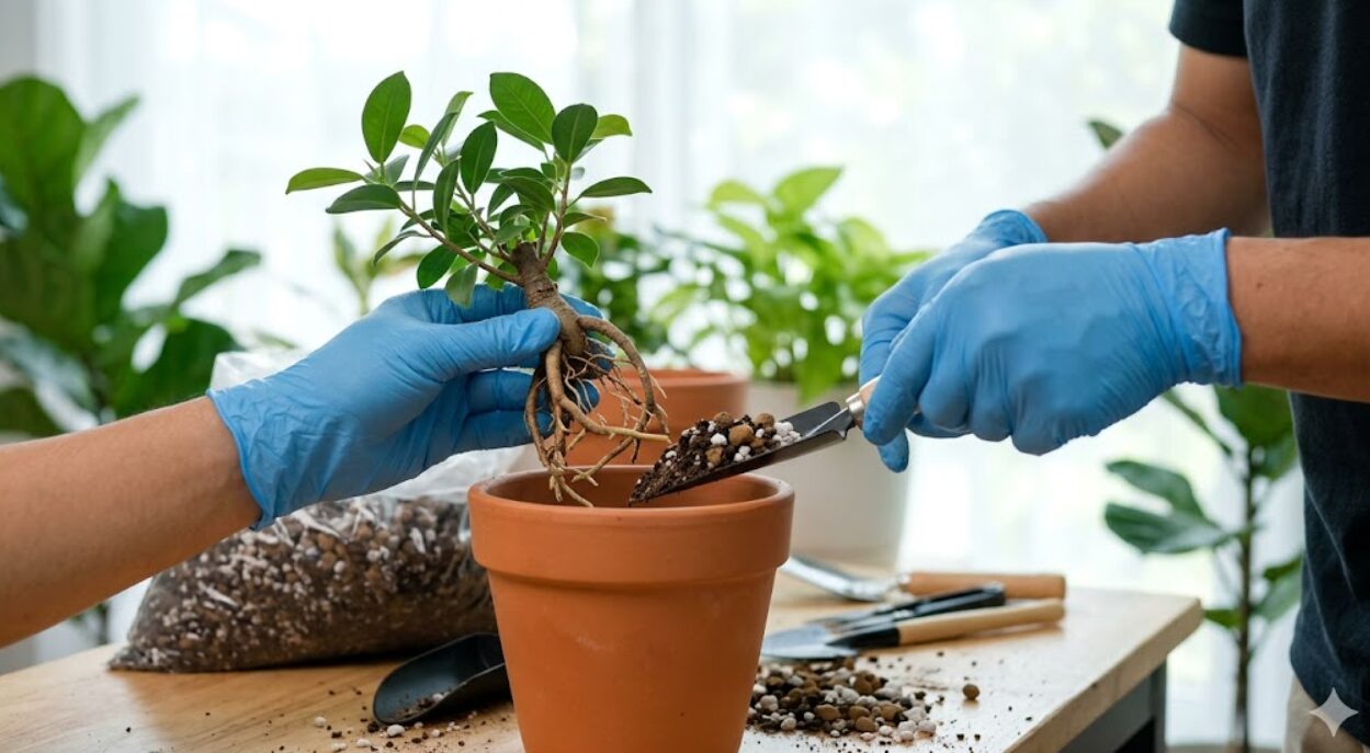 ガジュマルの排水性を高めるため、素焼き鉢と鉢底石、排水性の良いオリジナル土で植え替えを行う様子