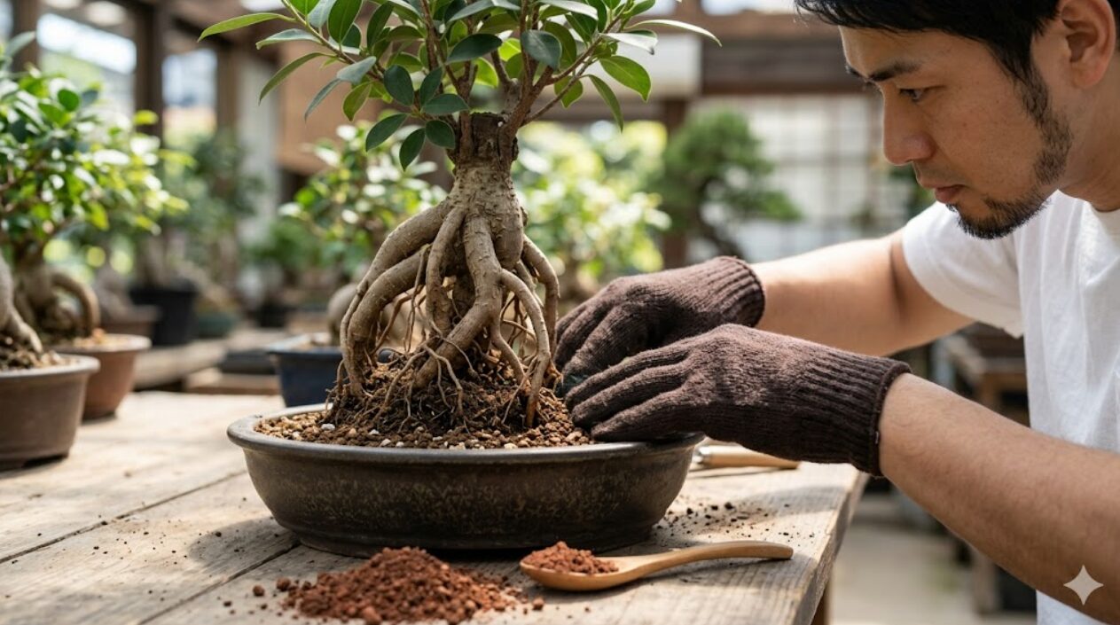 植え替え作業中に、ガジュマルの複雑に絡み合った根を土の上に持ち上げ、浅い陶器鉢に慎重に植え付ける園芸用手袋姿の日本人の男性。根上がり仕立てのプロセス。