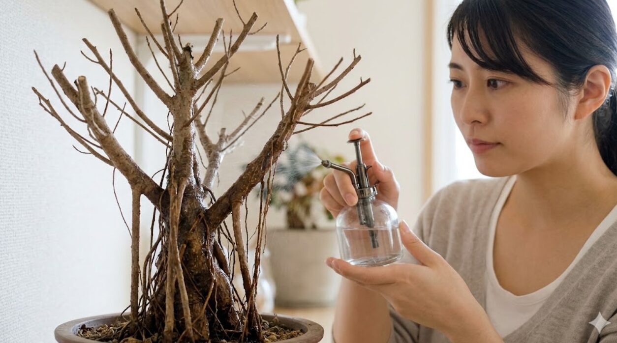 強剪定後のガジュマルの幹に、霧吹きで水をかけ休眠芽を刺激する日本人の女性。
