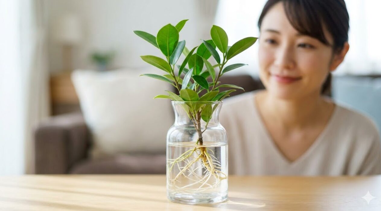 明るい窓辺のデスクで、透明なガラス瓶の水に生けられたガジュマルの挿し木。白い根が元気に伸び、アジア人女性が笑顔で見守っている。