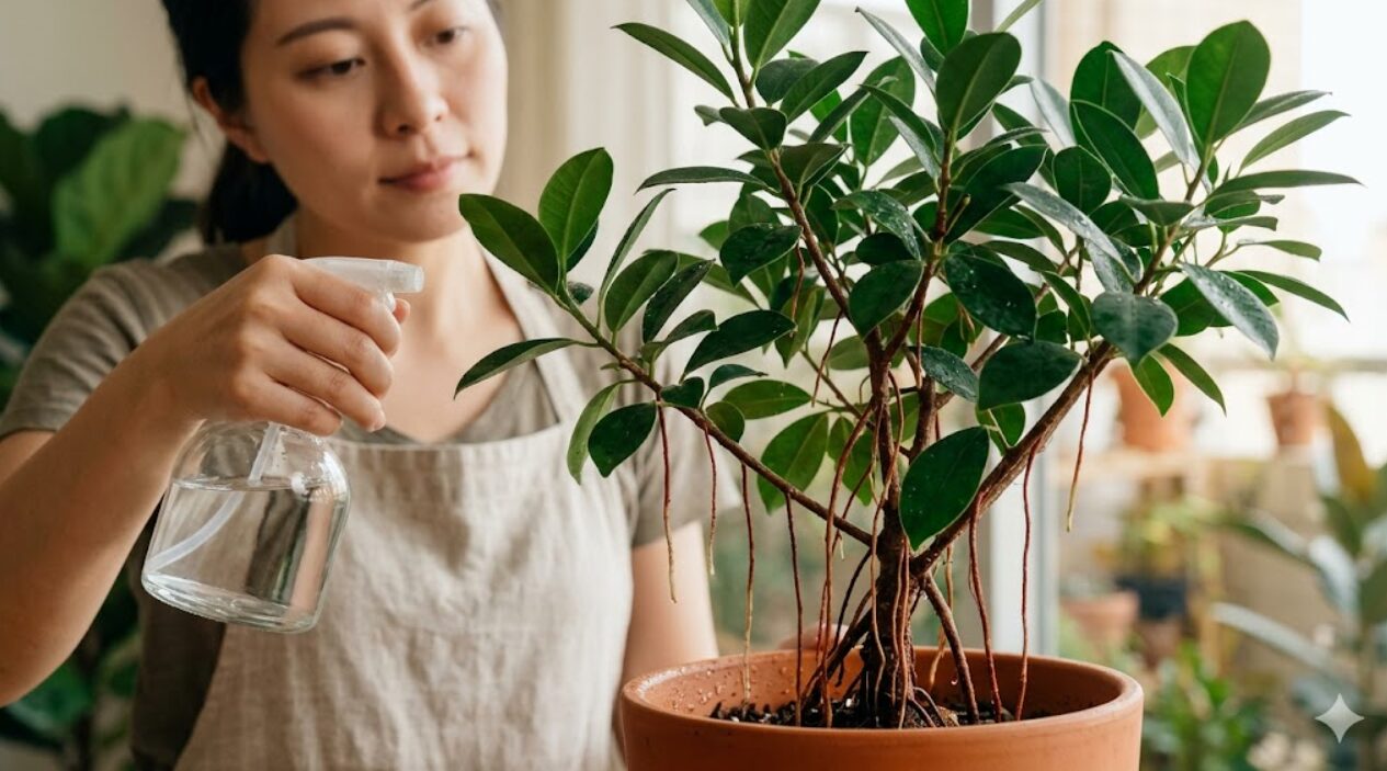 日本人の女性ガーデナーが、ガジュマルの幹から伸びる気根に霧吹きで葉水を与え、湿度を高めている様子。