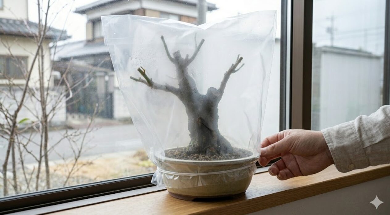 鉢ごとビニール袋で覆われた、丸坊主後のガジュマルの鉢植え。袋の中は湿気で曇っており、高湿度環境が保たれている。日本人男性の手が袋の口を調整している。