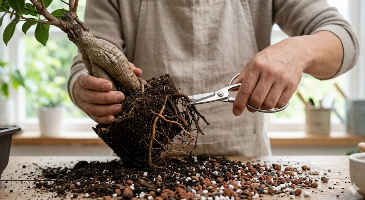 ガジュマルの根腐れした部分をハサミで切り落とす男性の手元。植え替えによる外科的な処置の様子。