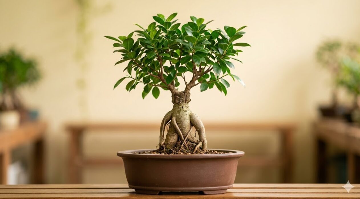 植え替えを終え、スッキリと整ったガジュマルの鉢植え。健康的な新芽が伸び始めており、生命力の強さを感じさせる。