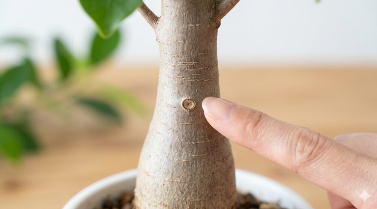 実生のガジュマルの株元の拡大写真。日本人女性の指が、種から発芽した際に出る「双葉の跡」の小さな突起を指し示している。ガジュマルの実生を証明する最も確実な証拠の見つけ方。