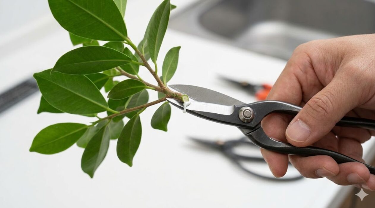 清潔な園芸ハサミでガジュマルの緑色の枝を斜めにカットする様子。切り口から白い樹液がわずかに滲み出ている。