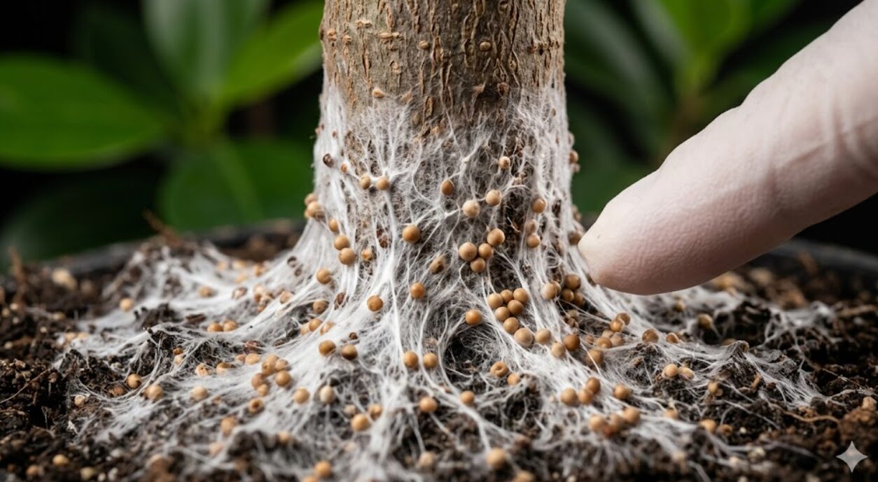 ガジュマルの株元に発生した白絹病の症状。白い菌糸が広がり、茶色い魚の卵のような菌核が形成されている。