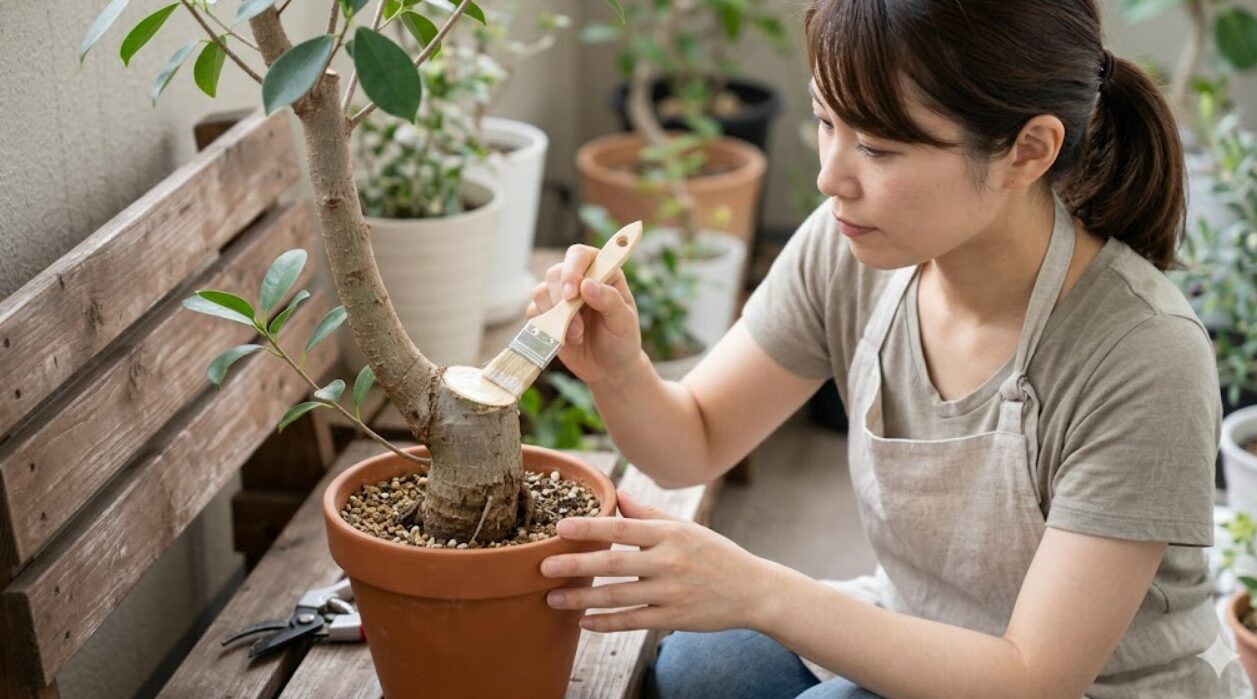 日本人の女性ガーデナーが、ガジュマルの胴切りをした切り口に癒合剤を塗り、感染と乾燥を防いでいる様子。
