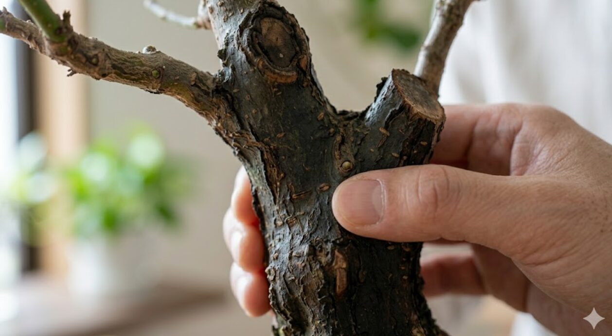 ガジュマルの幹の接写。日本人男性の指が、幹にある小さな突起（節）を指し示している。この節から新しい芽が出る。