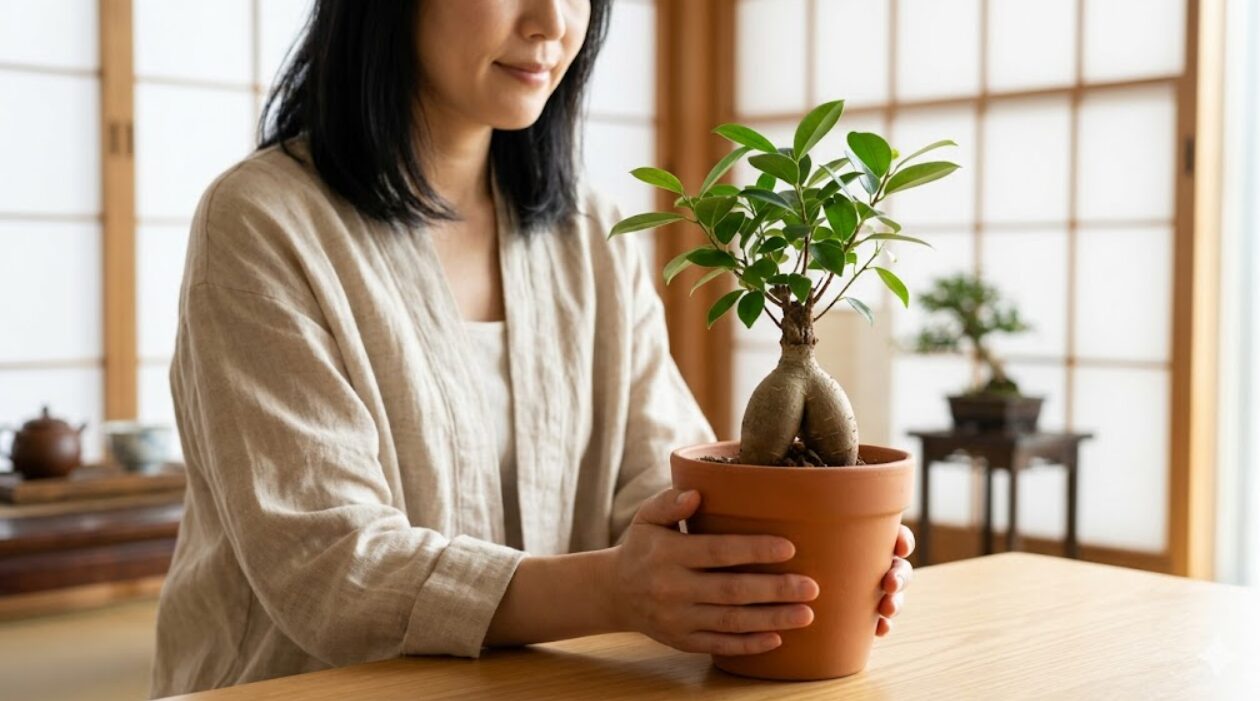 明るいモダンな和室で、日本人女性が実生ガジュマルの鉢植えを両手で包み込み、種から育った株特有の「胚軸の自然なふくらみ」と「樹皮の連続性」を確認している様子。ガジュマルの実生の魅力を伝える画像。