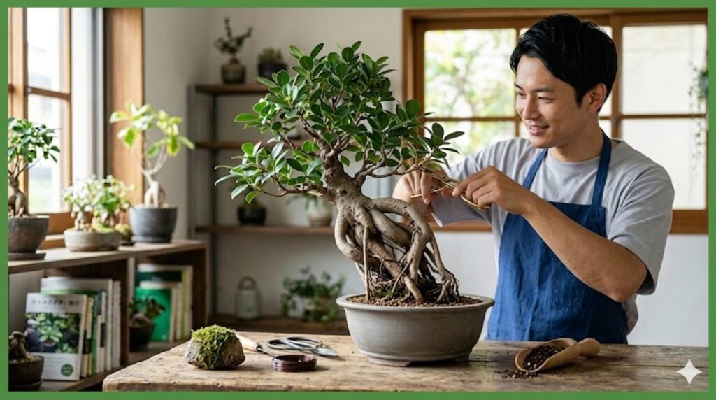 明るい室内で、エプロンをつけた男性が笑顔で大きなガジュマルの盆栽を剪定している様子。テーブルの上には剪定ばさみや針金などの道具が置かれ、背景の棚には他の植物が並んでいます。