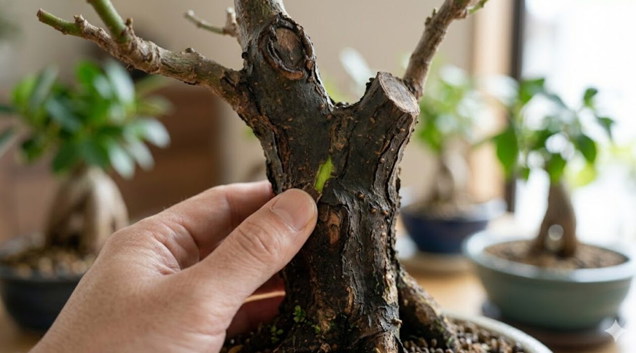 ガジュマルの幹の生存診断（スクラッチテスト）。日本人男性の手が、幹の表面を爪で少し削っている。削られた部分からは、生きた組織であることを示す鮮やかな緑色が見えている。