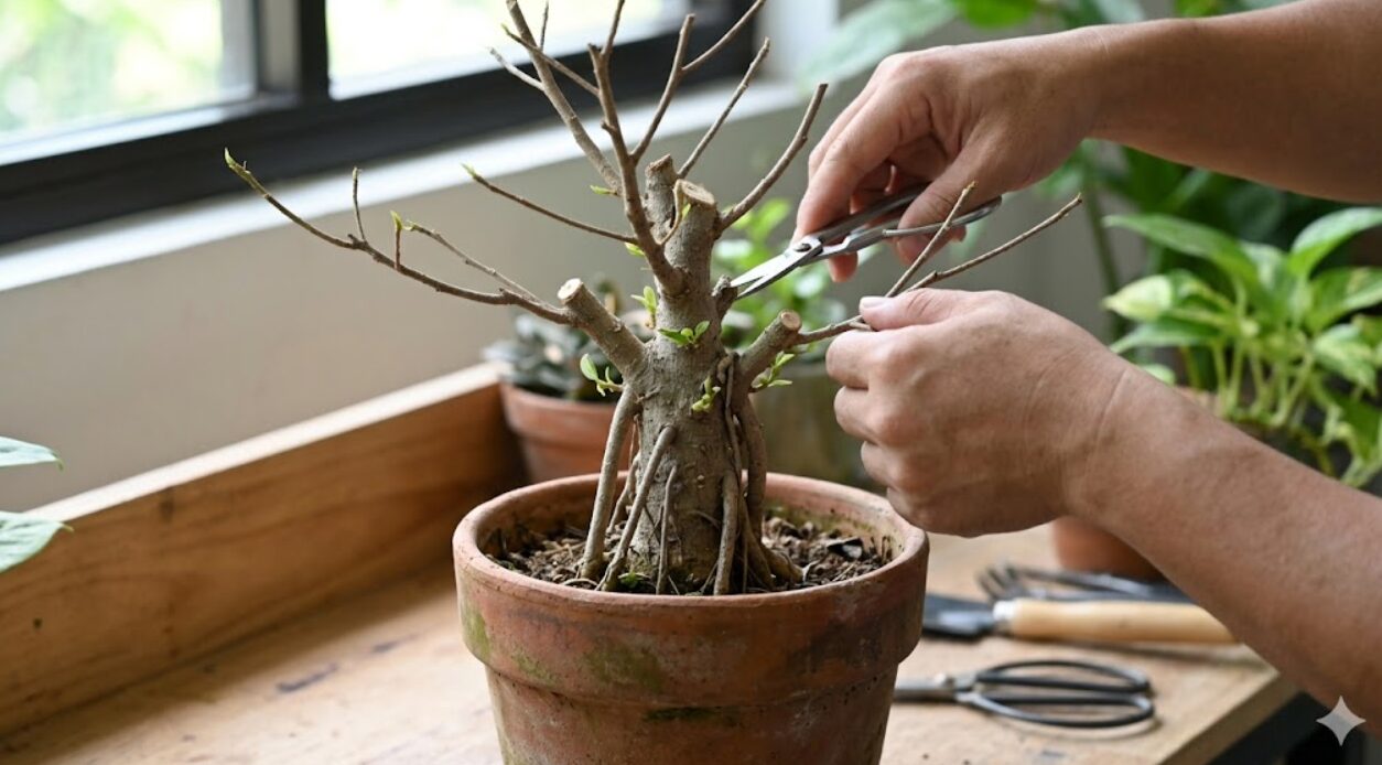 ガジュマルの枝をすべて切り落とす「丸坊主（強剪定）」を行い、幹から新しい芽を出させる様子