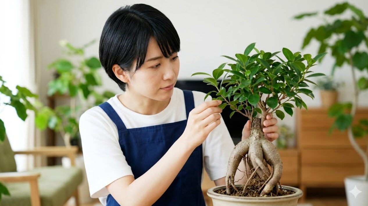 ガジュマルの盆栽を愛おしそうに見つめる、エプロン姿の日本人の男性。健康的な気根を持つ樹木と、明るく洗練された室内空間。
