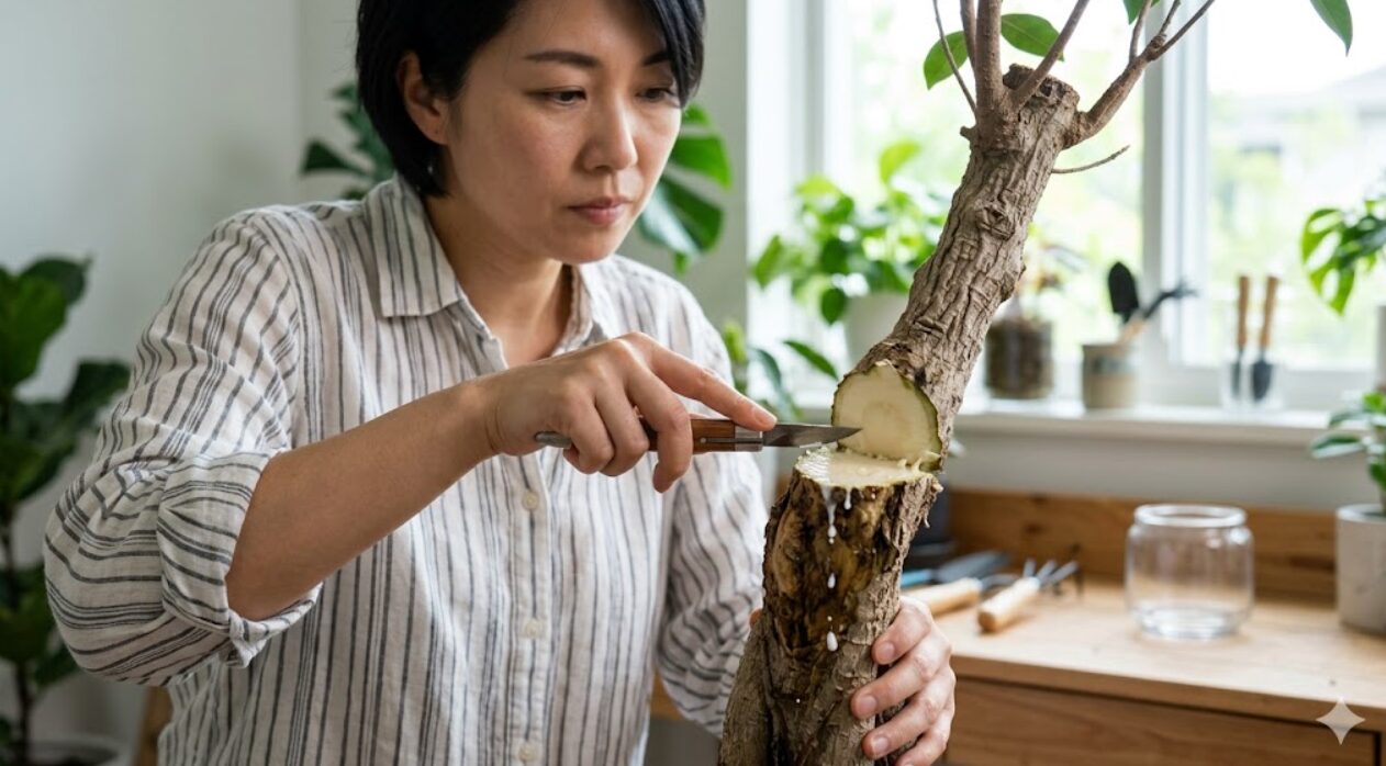 ガジュマルの胴切りを行う女性。生きている幹の上部を切り取り、水耕栽培での再生を目指す外科的処置。