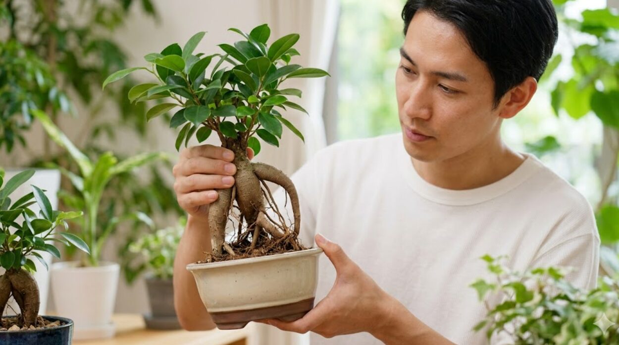 ガジュマルの健康状態をチェックするアジア人男性。鉢から株を優しく持ち上げ、根の様子を観察している。
