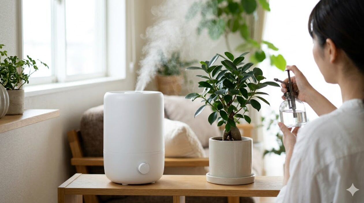 明るい室内でガジュマルの葉に霧吹きで葉水をする日本人の女性と、近くで稼働する白熱加湿器。湿土を保ちハダニを予防する様子。