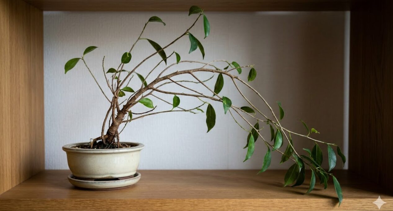 剪定を怠り、細長く徒長して自重でしなるガジュマルの枝。