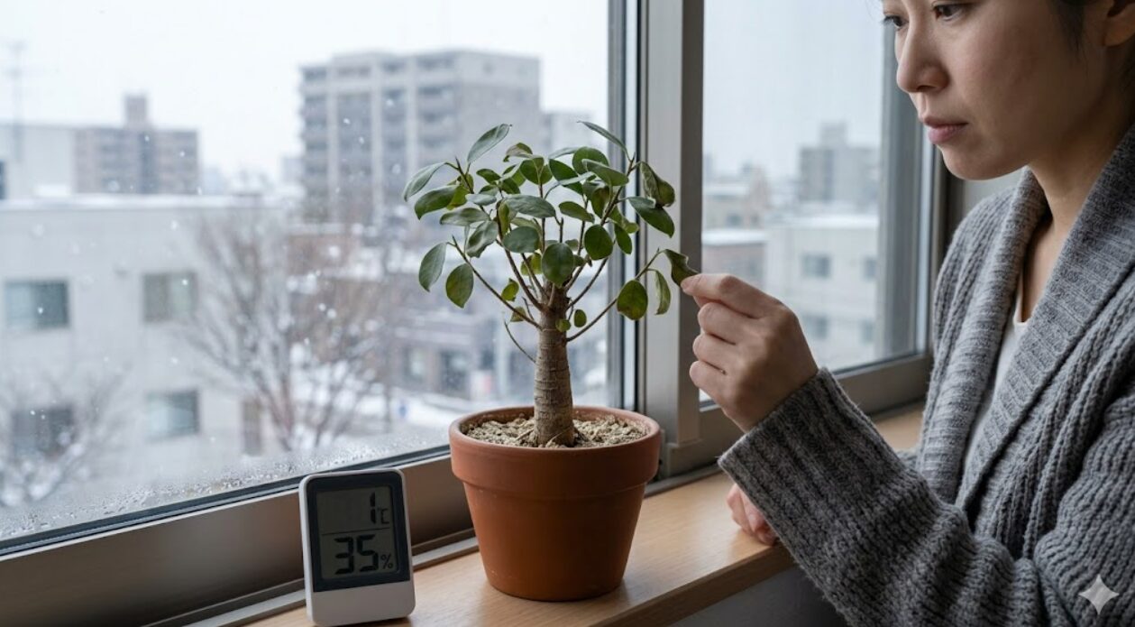 冬の室内に置かれたガジュマルと、低湿度を示す温湿度計。乾燥が幹にしわをもたらす環境要因を視覚化。